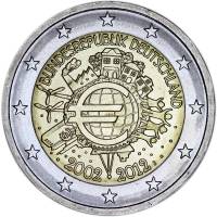 (009) Монета Германия (ФРГ) 2012 год 2 евро "10 лет наличному обращению Евро" Двор J Биметалл  UNC